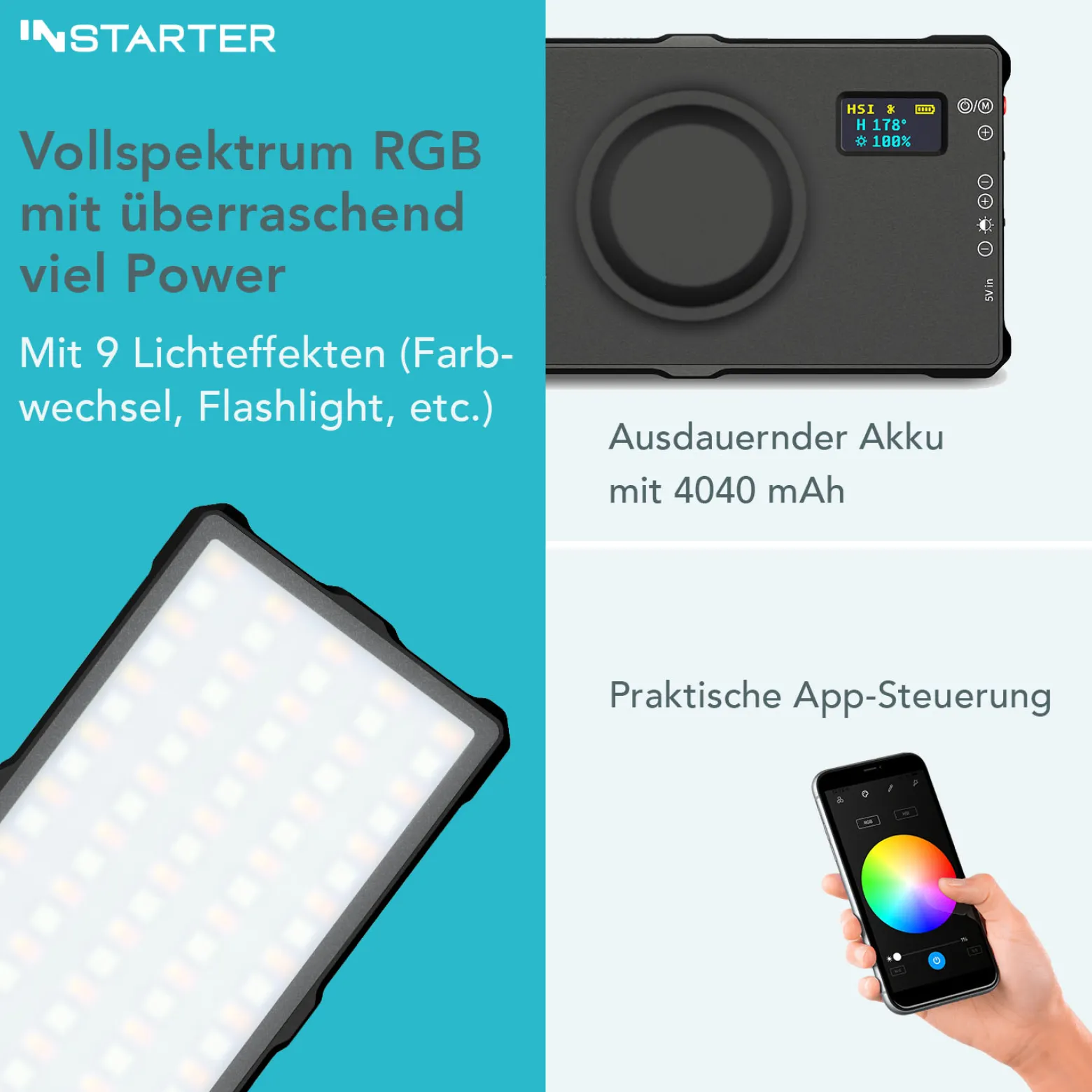 Instarter Spectar LED Videoleuchte, magnetische Kamera Beleuchtung mit Bi-Color, 10 W Videolicht mit Diffusor, Studiolicht mit Powerbank-Funktion