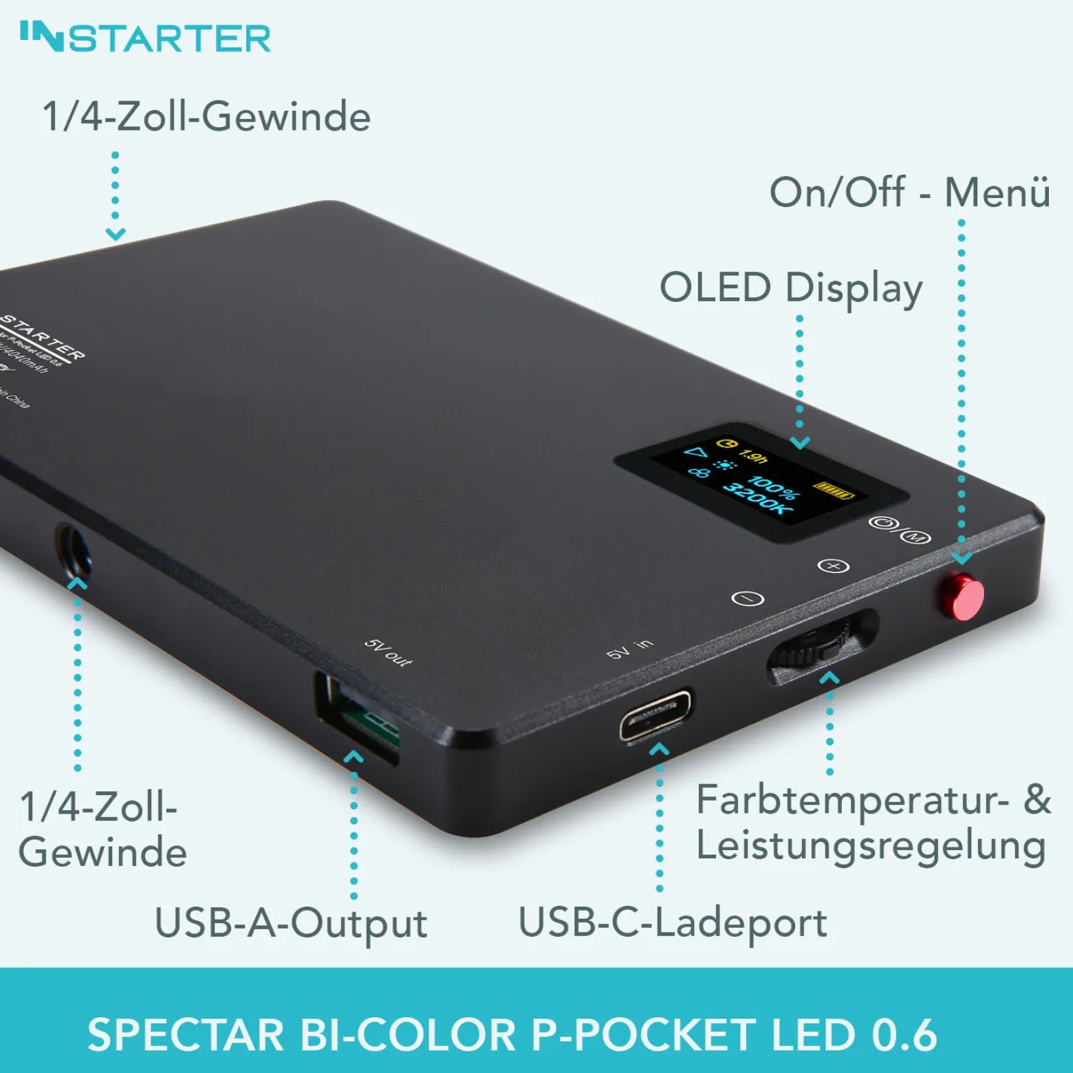 Instarter Spectar LED Videoleuchte, Kamera Beleuchtung mit Bi-Color im Pocket-Format, 9 W Videolicht mit Diffusor, Studiolicht mit Powerbank-Funktion