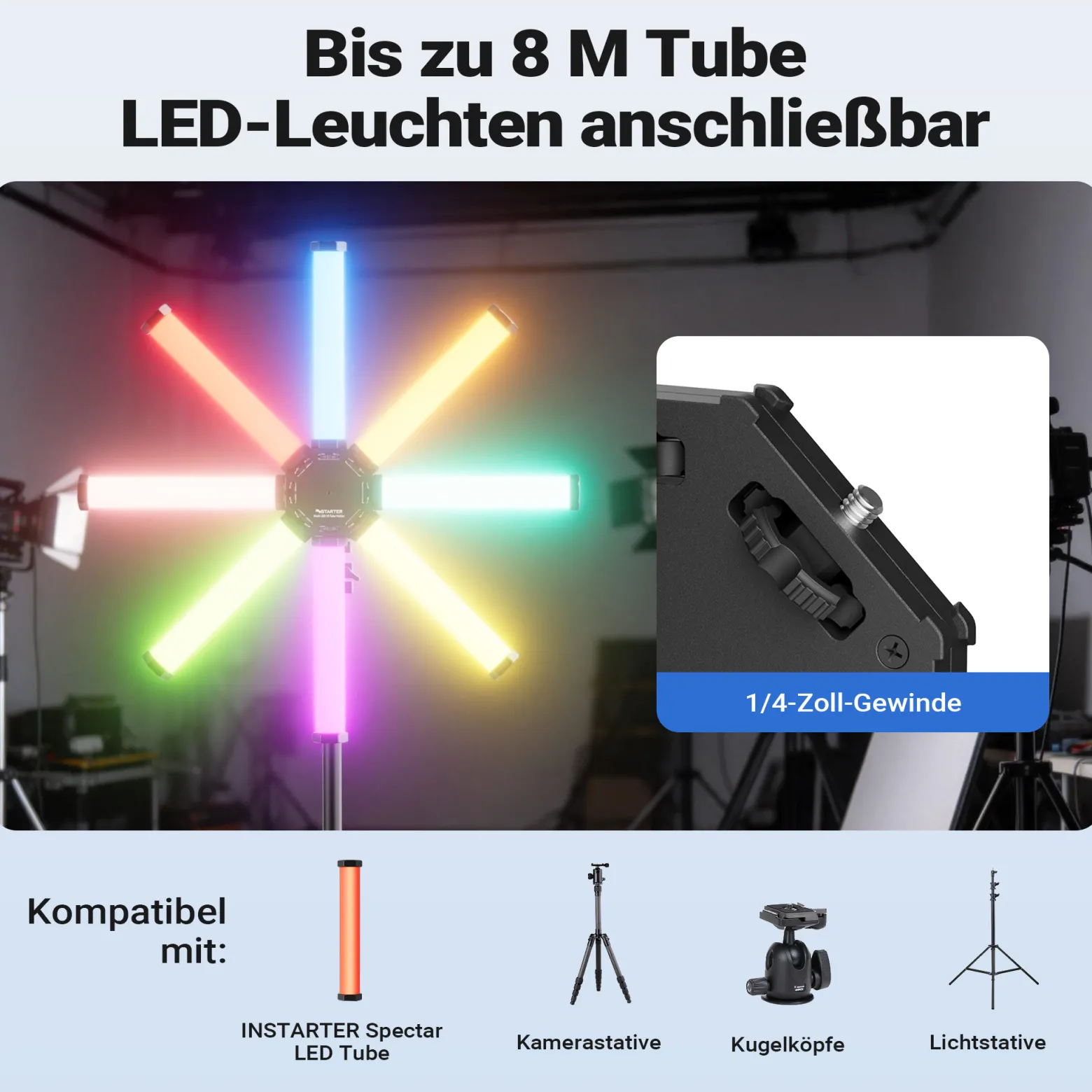 Instarter Spectar RGB LED Stab + Halterung 4er Set kreative Videoleuchten 10 W Bi Color RGB mit Magnetfunktion und Multi Tube Holder