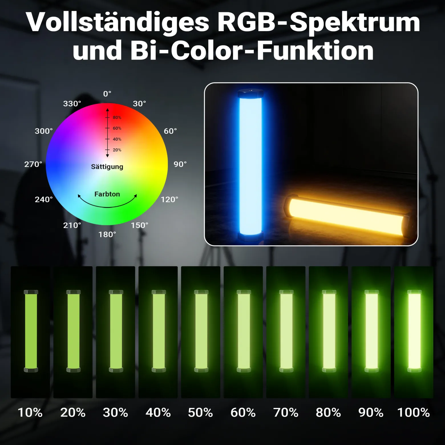 Instarter Spectar RGB LED Stab + Halterung 4er Set kreative Videoleuchten 10 W Bi Color RGB mit Magnetfunktion und Multi Tube Holder