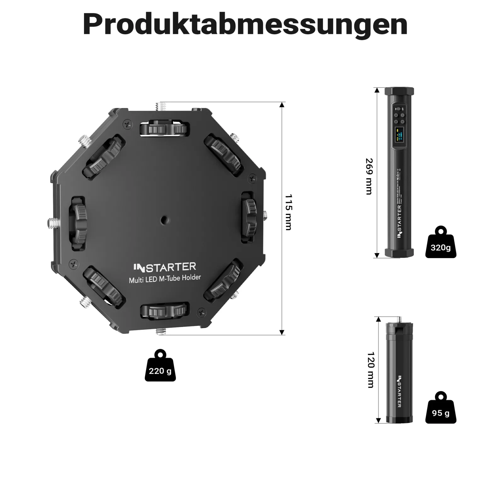 Instarter Spectar RGB LED Stab + Halterung 4er Set kreative Videoleuchten 10 W Bi Color RGB mit Magnetfunktion und Multi Tube Holder