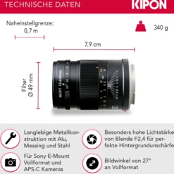 Kipon Iberit 90mm F2,4 Vollformat Objektiv – kompatibel mit Sony E – Fotoobjektiv mit Brennweite 90 mm, APS-C Sensoren, robustes Gehäuse