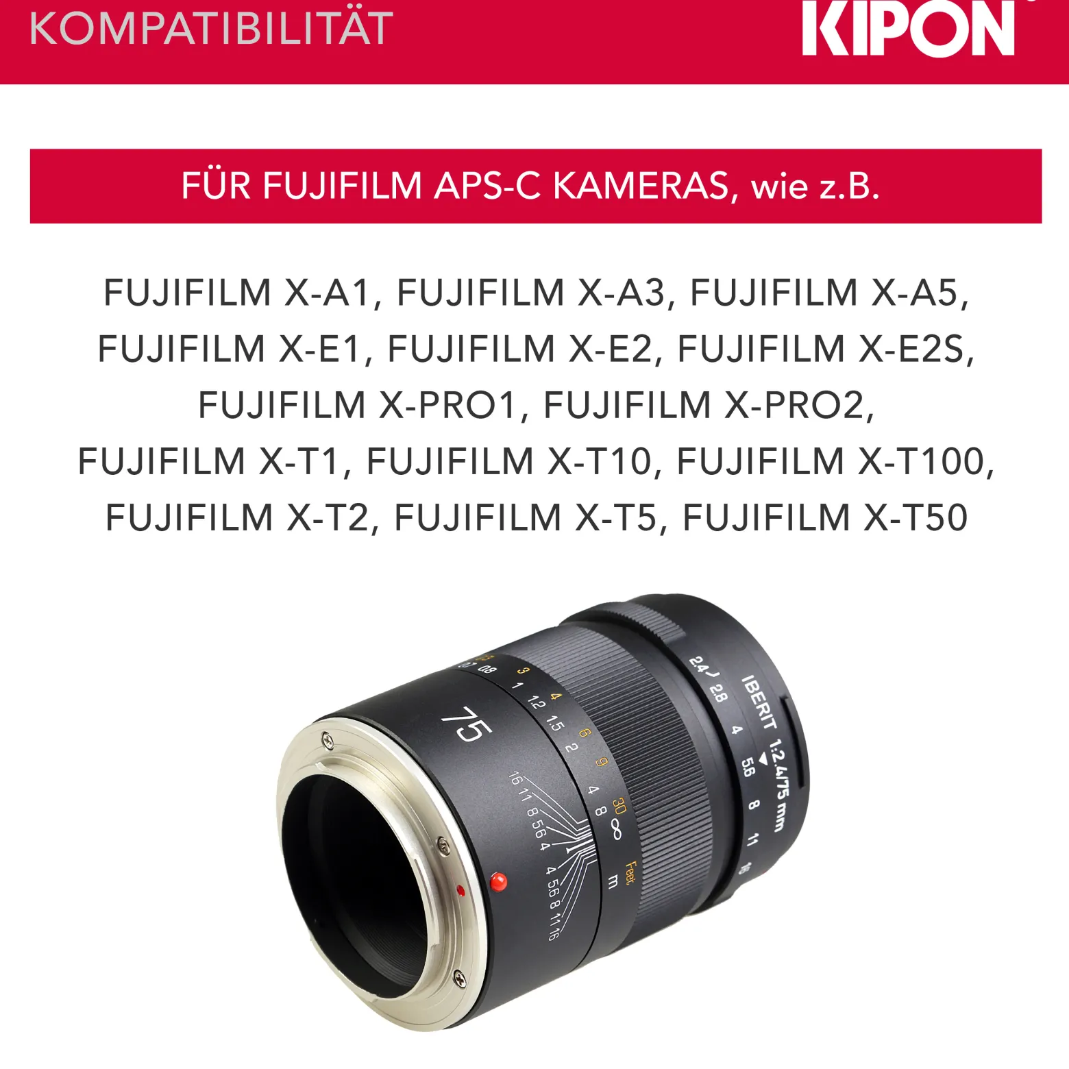 Kipon Iberit 75mm F2,4 Vollformat Objektiv – kompatibel mit Fuji X – Fotoobjektiv 75 mm Brennweite, APS-C Sensoren, robustes Gehäuse