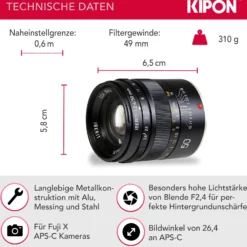 Kipon Iberit 50/2,4 Vollformat Objektiv - Brennweite 50 mm, Lichtstärke F2,4 - manuell, kompatibel mit Fuji X - schwarz