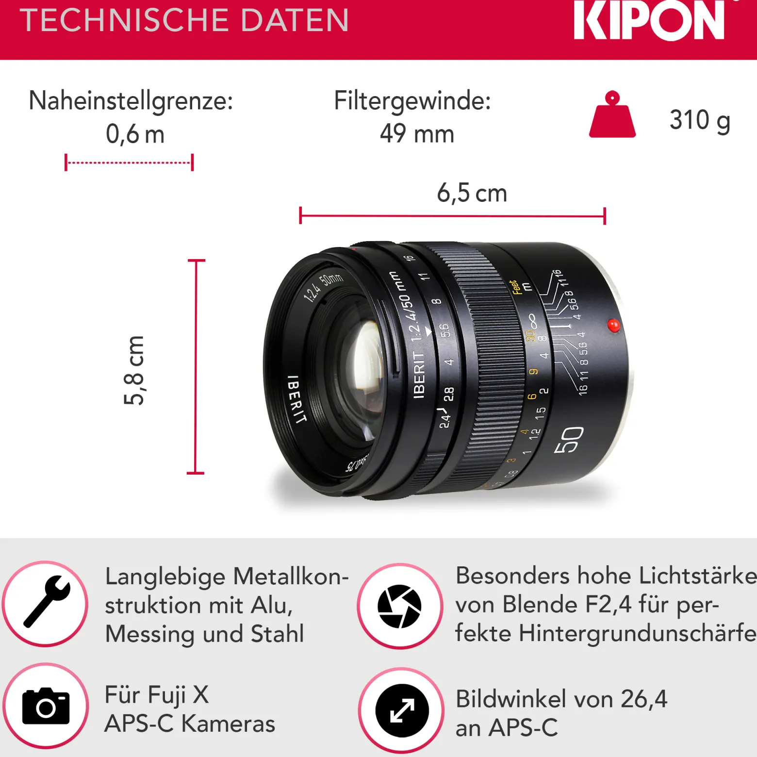 Kipon Iberit 50/2,4 Vollformat Objektiv - Brennweite 50 mm, Lichtstärke F2,4 - manuell, kompatibel mit Fuji X - schwarz