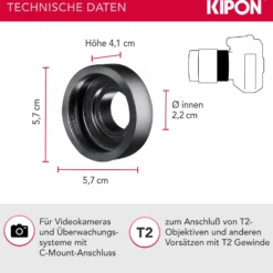 Kipon Objektiv Adapter für T2-Gewinde auf C-Mount-Anschluss, Objektivadapter für Foto und Überwachung, einfache Montage, praktisches Kamera Zubehör