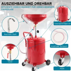 Ölauffanggerät für 80l, höhenverstellbar 122-168 cm mit 4-Rad-Fahrwerk, Entleerung mittels Luftdruck