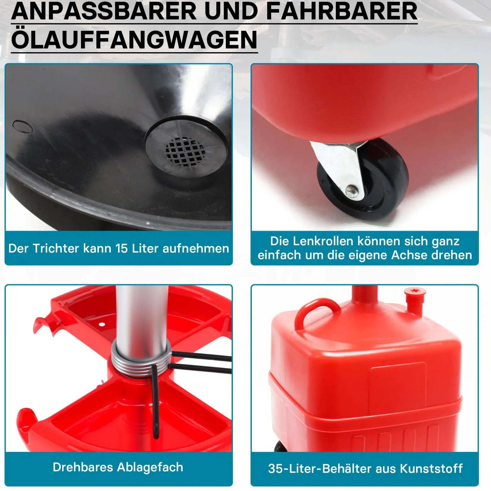 Ölauffangwagen Ölauffangbehälter Ölauffanggerät Ölauffangrollwagen 35l 86 - 127 cm