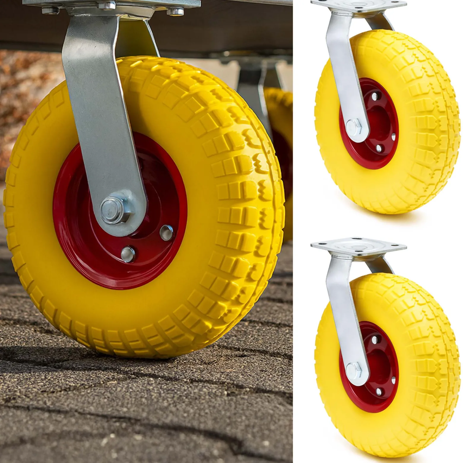 Lenkrolle 2er Set 2x Transportrollen 258 x 78 mm mit Metallfelgen pannensicher gelb 150 kg pro Rad