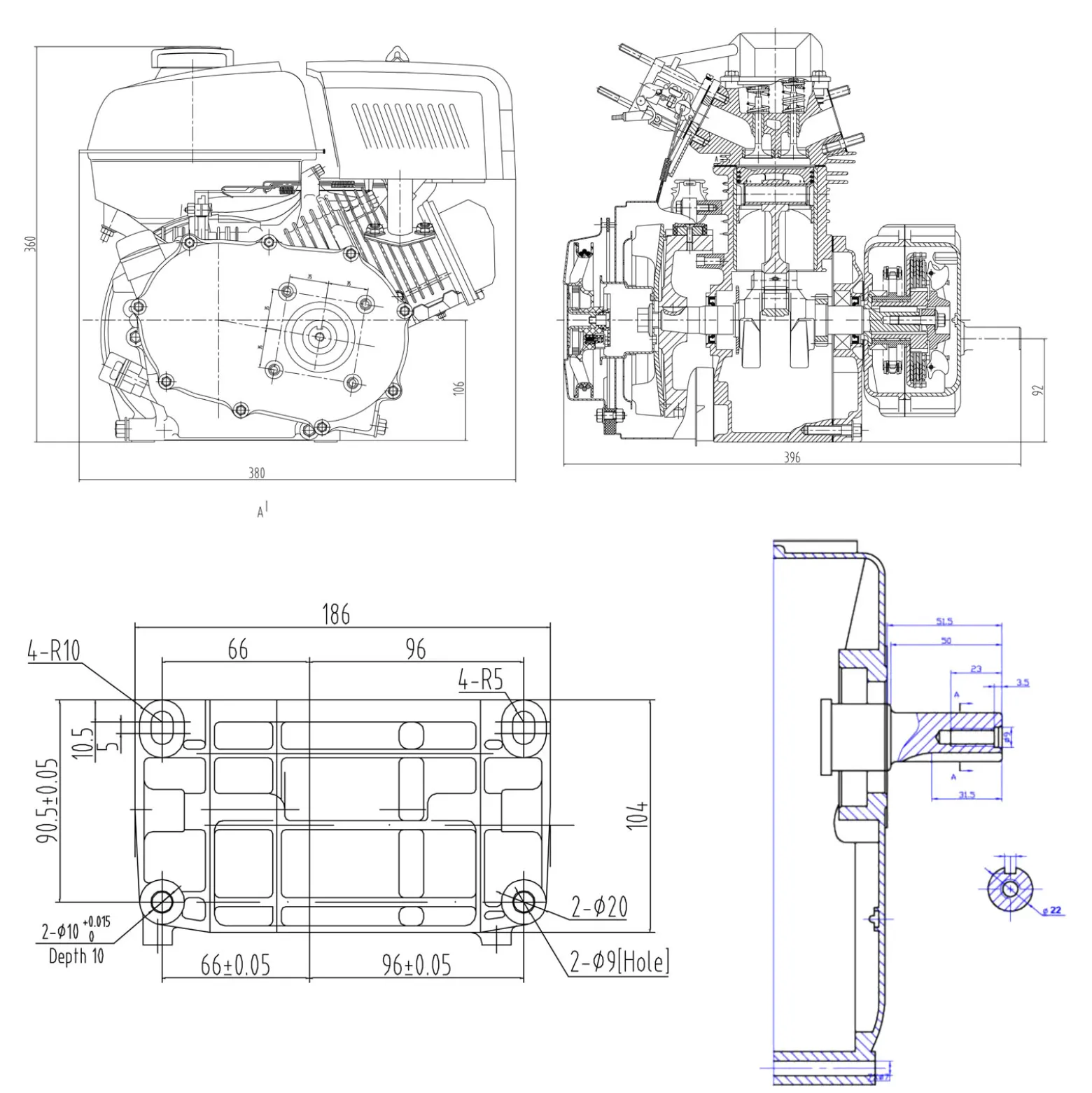 LIFAN 168 Benzinmotor 4,8 kW 6,5 PS 196 ccm mit Ölbadkupplung und Reduktionsgetriebe 2:1 Kartmotor
