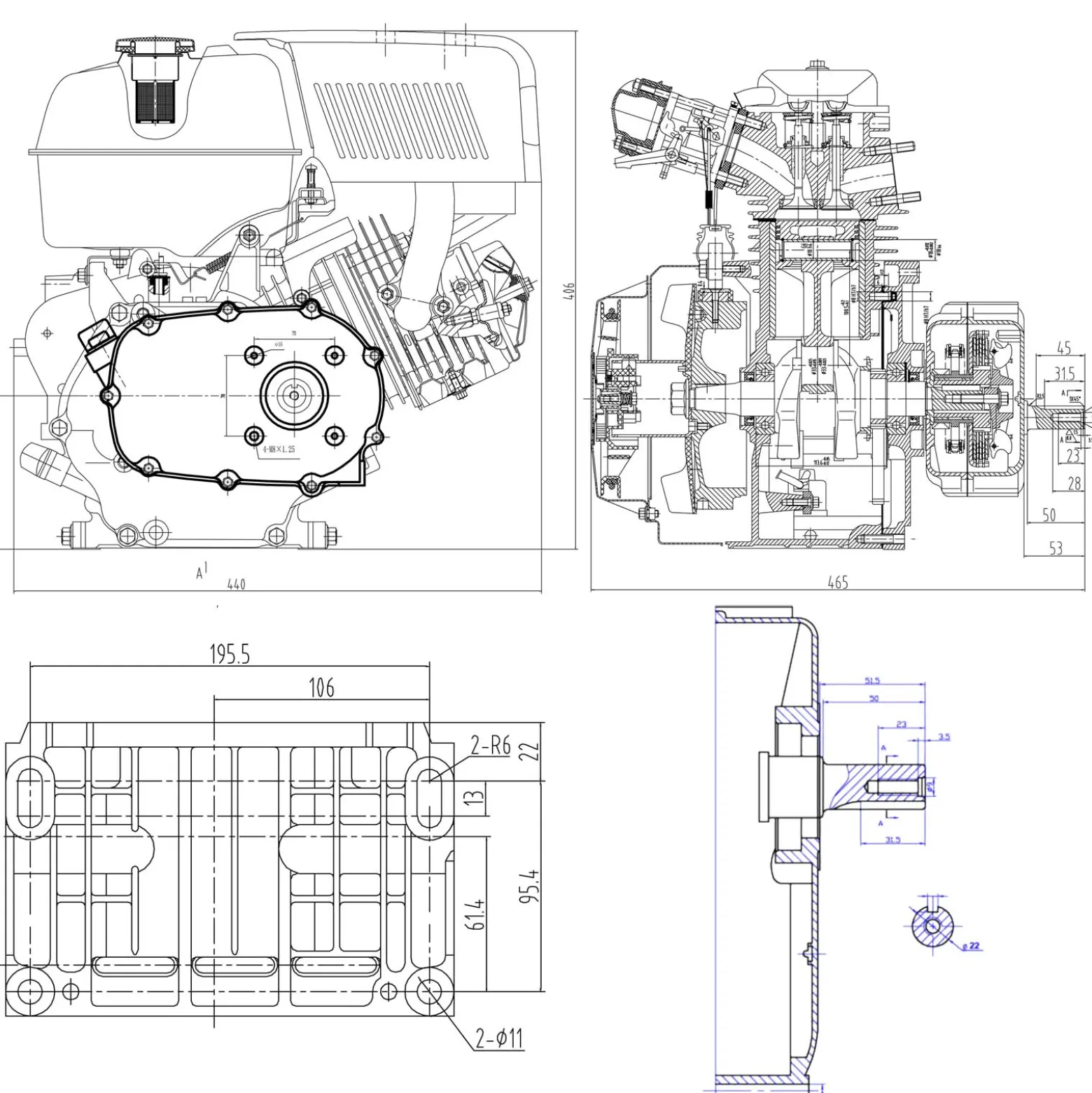 LIFAN 177 Benzinmotor 6,6 kW 9 PS 270 ccm mit Ölbadkupplung und Reduktionsgetriebe 2:1 E-Start