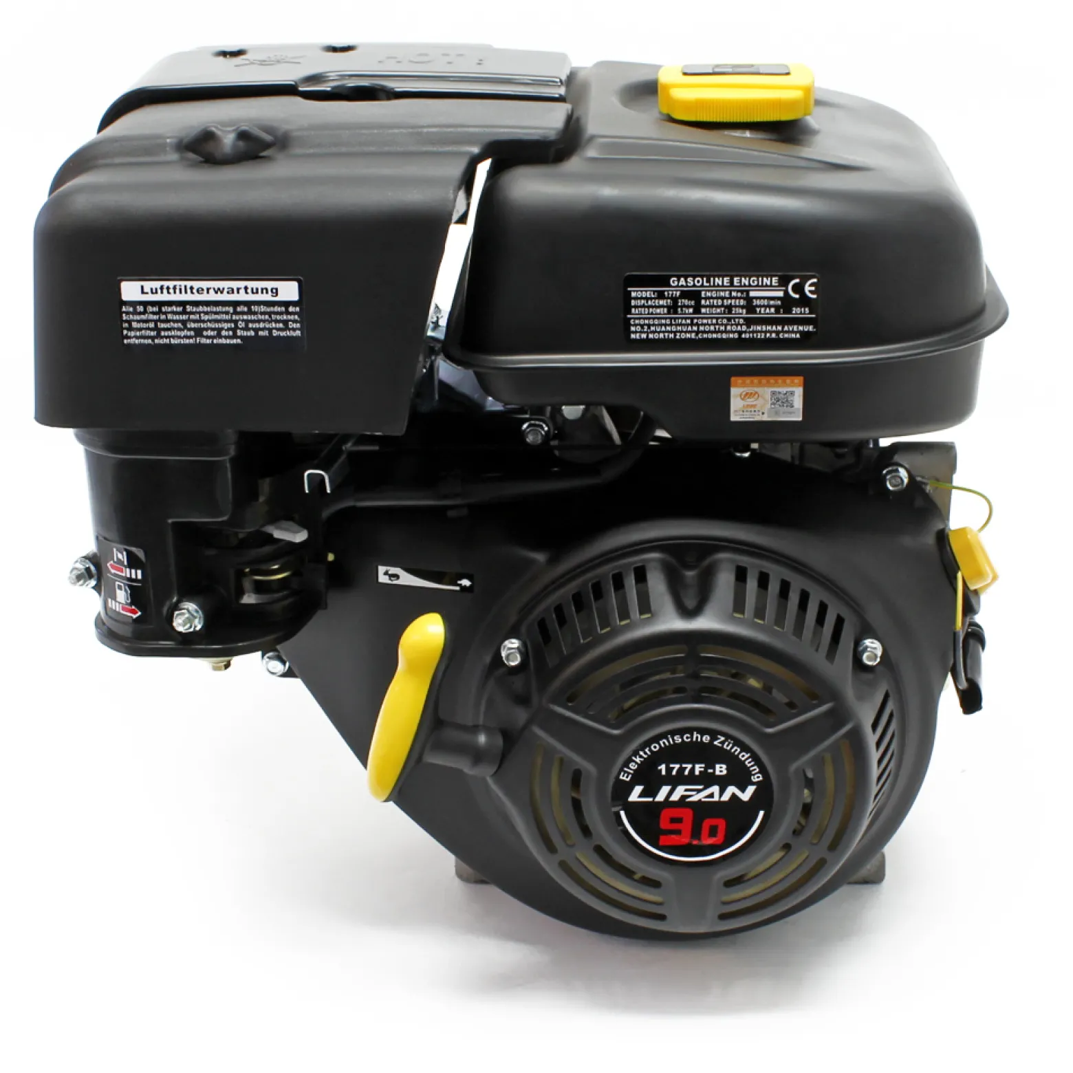 LIFAN 177 Handstart Benzinmotor mit 9 PS (6,6 kW) Einzylinder für Kleinmaschinen & Karts, luftgekühlter 4-Takt Motor mit 25,4 mm Kurbelwelle und OHV-Ventilsteuerung