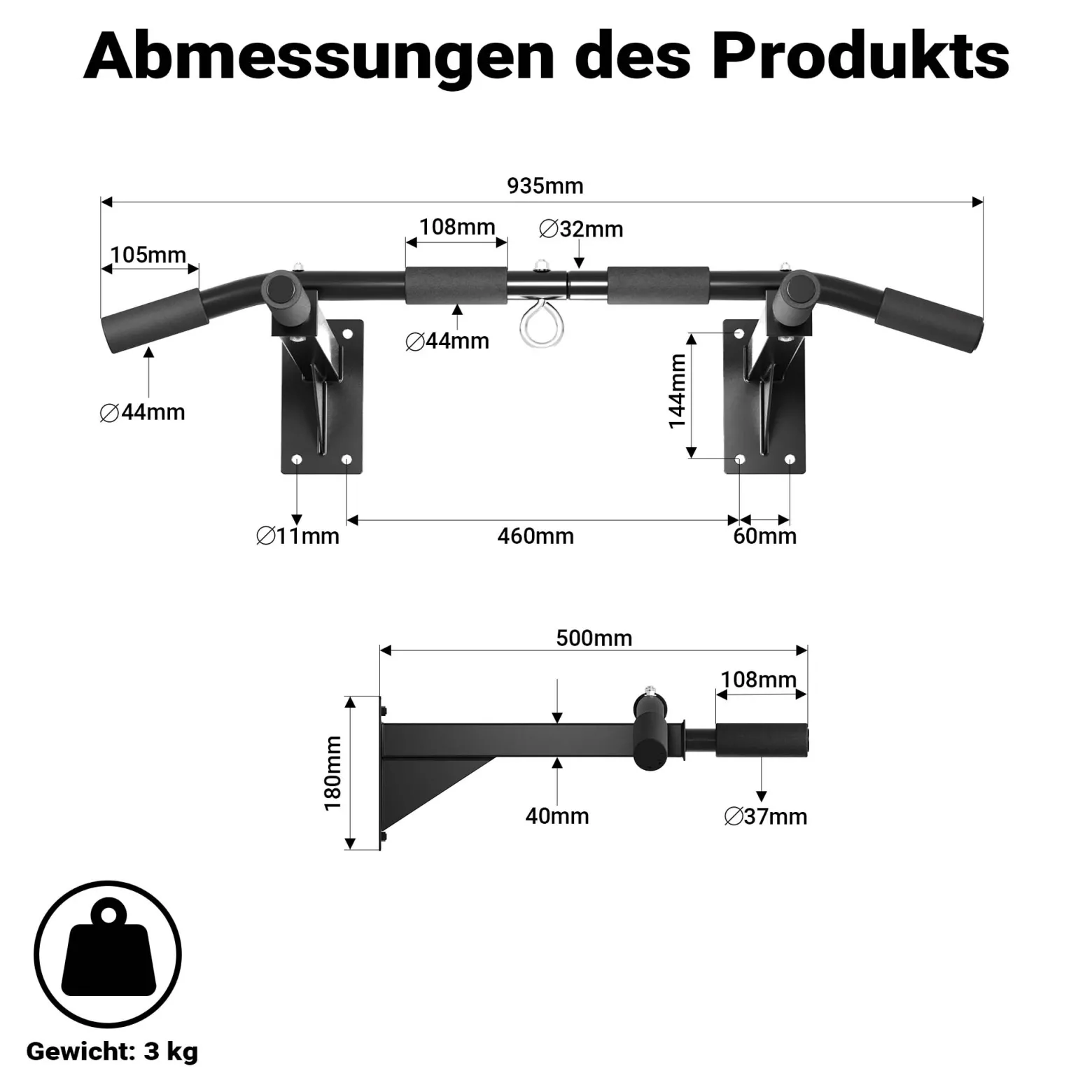 LUXTRI Klimmzugstange zur Wandmontage bis 200 kg, Klimmzug Stange aus Stahl mit gepolsterten Griffen, Fitness Zubehör Pull Up Bar für Training zu Hause, Trainingsstange für verschiedene Sportübungen
