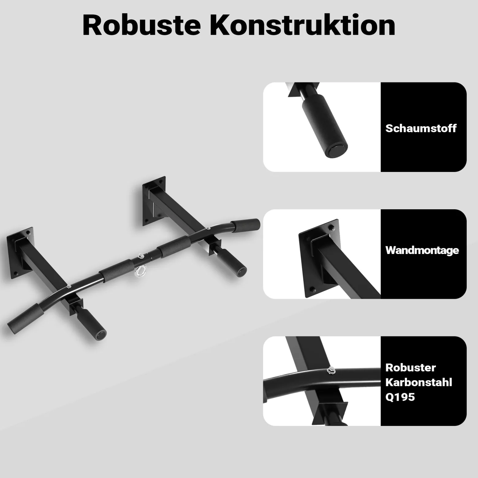 LUXTRI Klimmzugstange zur Wandmontage bis 200 kg, Klimmzug Stange aus Stahl mit gepolsterten Griffen, Fitness Zubehör Pull Up Bar für Training zu Hause, Trainingsstange für verschiedene Sportübungen