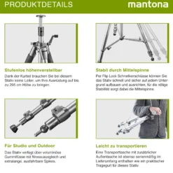Mantona Alto Stativ mit Kurbelsäule bis 295 cm ausziehbar, Dreibeinstativ aus Aluminium bis 6 kg belastbar, Fotostativ mit Mittelspinne für Stabilität, Kamerastativ für unterwegs