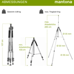Mantona Alto Stativ mit Kurbelsäule bis 295 cm ausziehbar, Dreibeinstativ aus Aluminium bis 6 kg belastbar, Fotostativ mit Mittelspinne für Stabilität, Kamerastativ für unterwegs