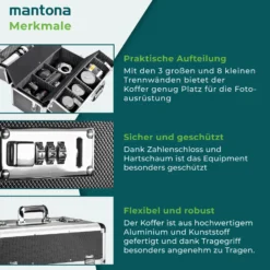 Mantona Alukoffer für Fotoausrüstung, Kamerakoffer mit Zahlenschloss, Fotokoffer für DSLR & DSLM Kameras, 4-6 Objektive, Schutzkoffer mit Steckfächern und gepolsterten Innenwänden