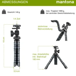 Mantona Armadillo Mini - 190 x 35 x 35 mm - Höhe 8-18 cm - Traglast 1kg - schwarz/grau - Reisestativ Travelstativ passend für Kameras