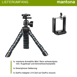 Mantona Armadillo Mini - 190 x 35 x 35 mm - Höhe 8-18 cm - Traglast 1kg - schwarz/grau - Reisestativ Travelstativ passend für Kameras