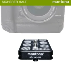 Mantona AS-100-2M Schnellwechselplatte Arca-Swiss kompatibel 100 x 38 mm Aluminium mit 1/4" und 3/8" Schrauben, Gummipuffern und Mittenmarkierung