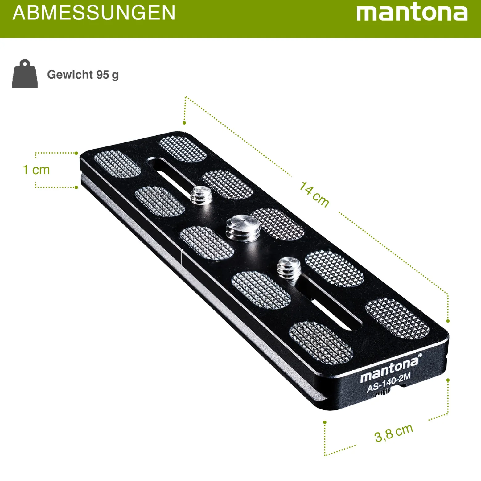 Mantona AS-140-2M Schnellwechselplatte Arca-Swiss kompatibel 140 x 38 mm Aluminium mit 1/4" und 3/8" Schrauben, Gummipuffern und Mittenmarkierung