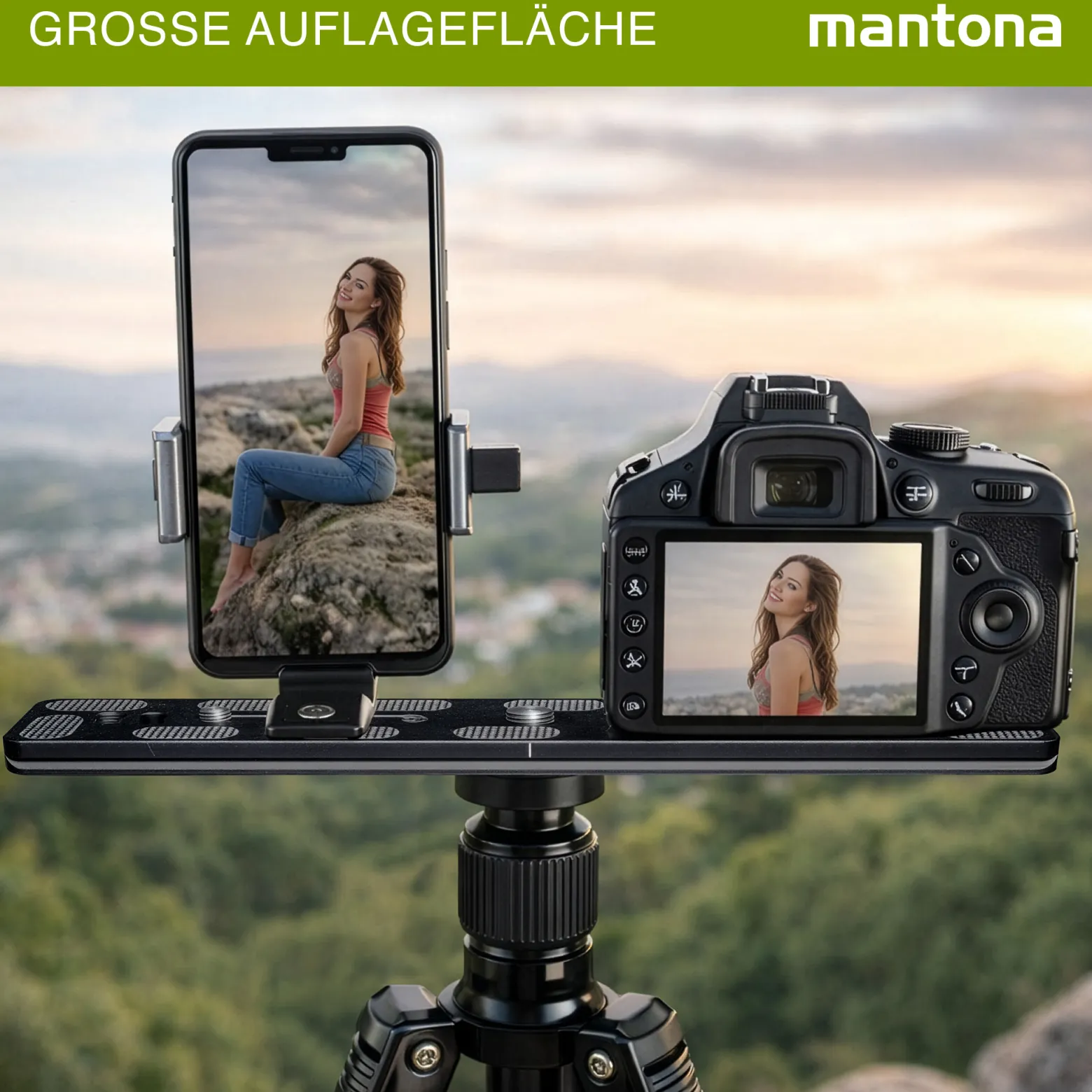 Mantona AS-200-2M Schnellwechselplatte Arca-Swiss kompatibel 200 x 38 mm Aluminium mit 1/4" und 3/8" Schrauben, Gummipuffern und Mittenmarkierung