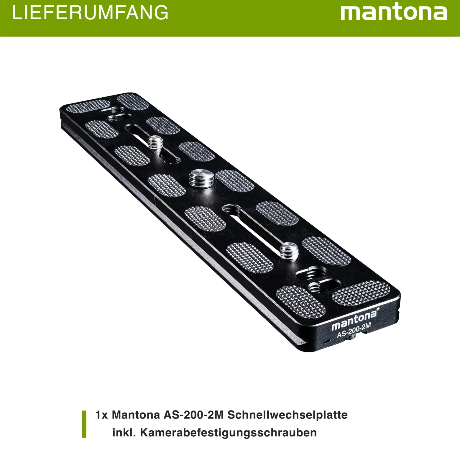 Mantona AS-200-2M Schnellwechselplatte Arca-Swiss kompatibel 200 x 38 mm Aluminium mit 1/4" und 3/8" Schrauben, Gummipuffern und Mittenmarkierung