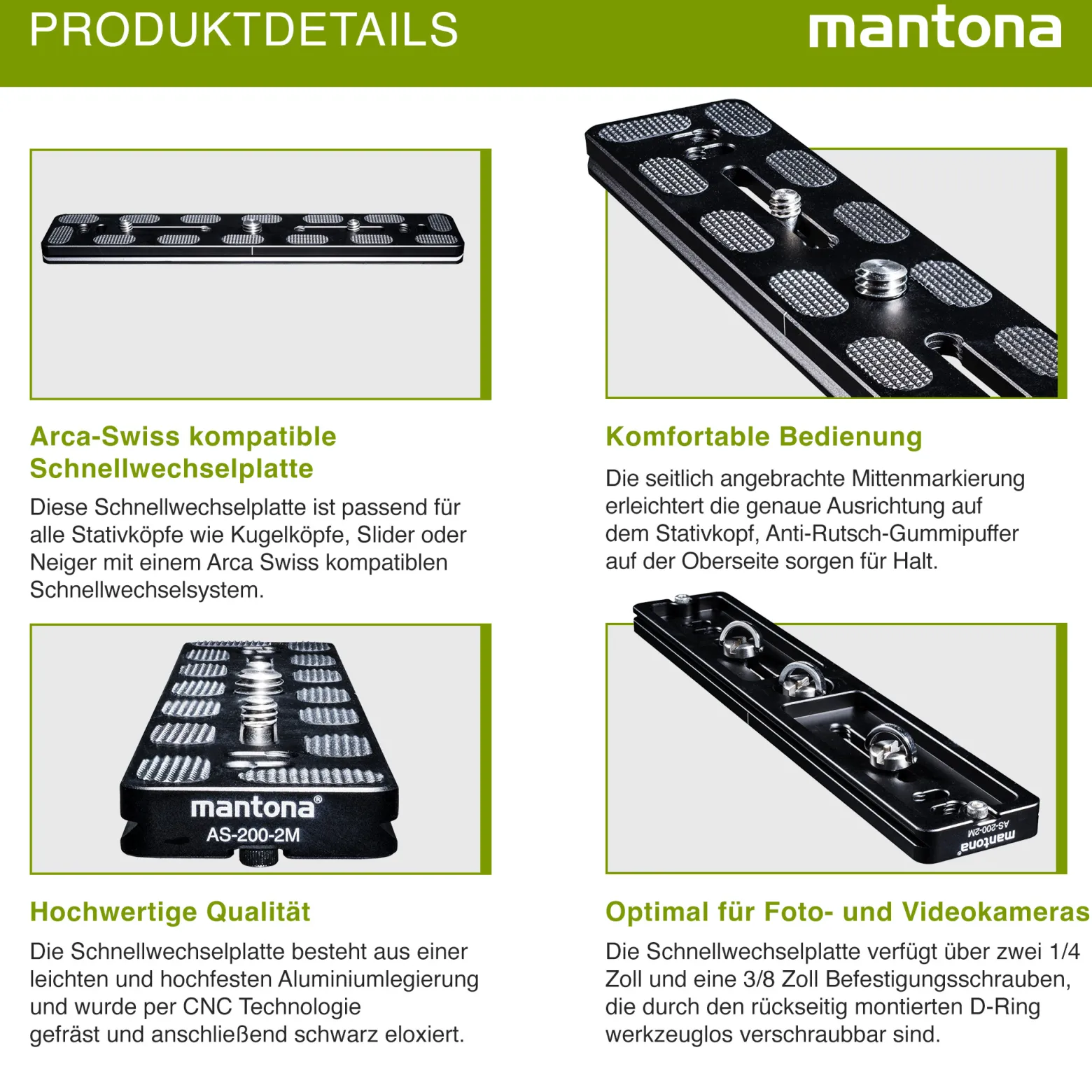 Mantona AS-200-2M Schnellwechselplatte Arca-Swiss kompatibel 200 x 38 mm Aluminium mit 1/4" und 3/8" Schrauben, Gummipuffern und Mittenmarkierung