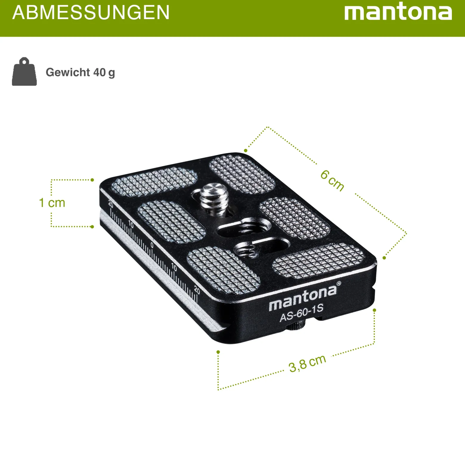 Mantona AS-60-1S Schnellwechselplatte Arca-Swiss kompatibel 60 x 38 mm Aluminium mit 1/4" Schraube Gummipuffern