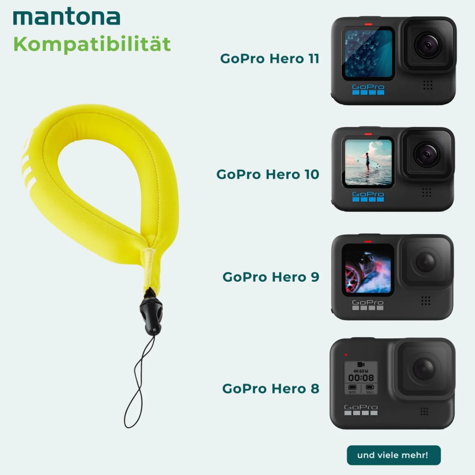 Mantona Auftriebshaltegurt kompatibel mit GoPro Hero 11 10 9 8 7 6 5, Session und andere kompatible Action Cams, Adaptersysteme