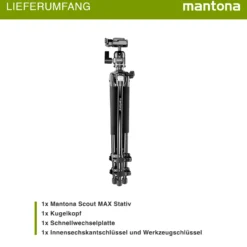 Mantona Basic Scout Max Fotostativ - 630 x 100 x 100 mm - Arbeitshöhe bis 160 cm / Traglast max. 6 kg - mit Kugelkopf, umkehrbarer Mittelsäule - für Fotostativ Reisestativ Travelstativ