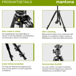 Mantona Basic Scout Max Makro II Fotostativ - 90 x 90 x 615 mm - Arbeitshöhe bis 153 cm / Traglast max. 6 kg - mit Kugelkopf, umkehrbarer u. 2. Mittelsäule - Fotostativ Reisestativ