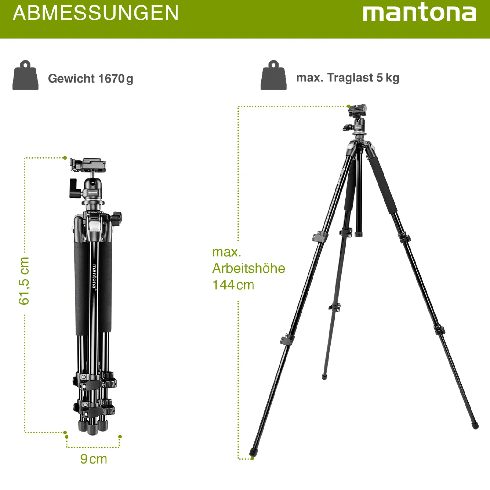 Mantona Basic Scout Stativ - 90 x 90 x 615 mm / max. Traglast 5 kg - aus Aluminium - mit Kugelkopf, Wasserwaage, umkehrbarer Mittelsäule - Reisestativ Travelstativ passend für Kameras