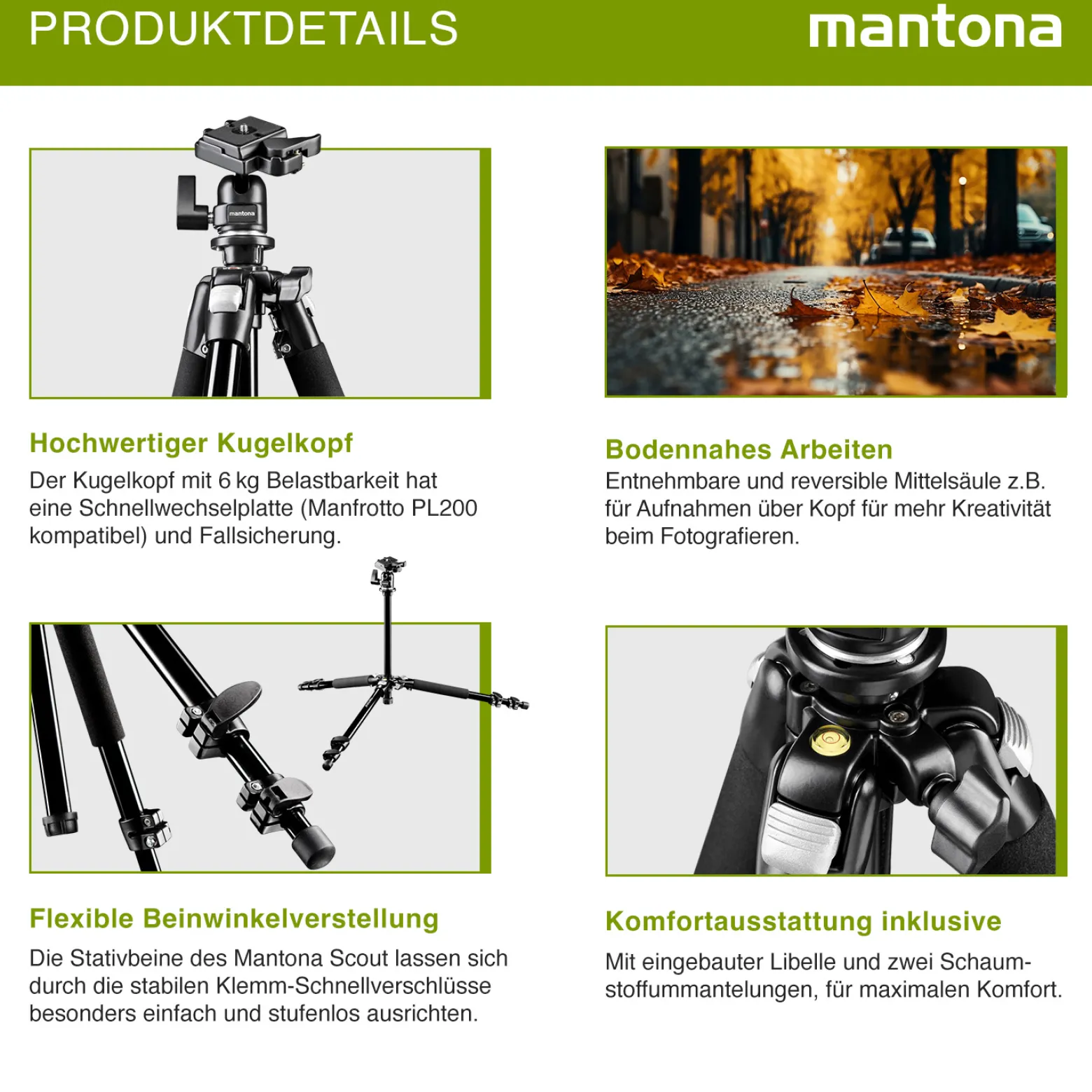 Mantona Basic Scout Stativ - 90 x 90 x 615 mm / max. Traglast 5 kg - aus Aluminium - mit Kugelkopf, Wasserwaage, umkehrbarer Mittelsäule - Reisestativ Travelstativ passend für Kameras