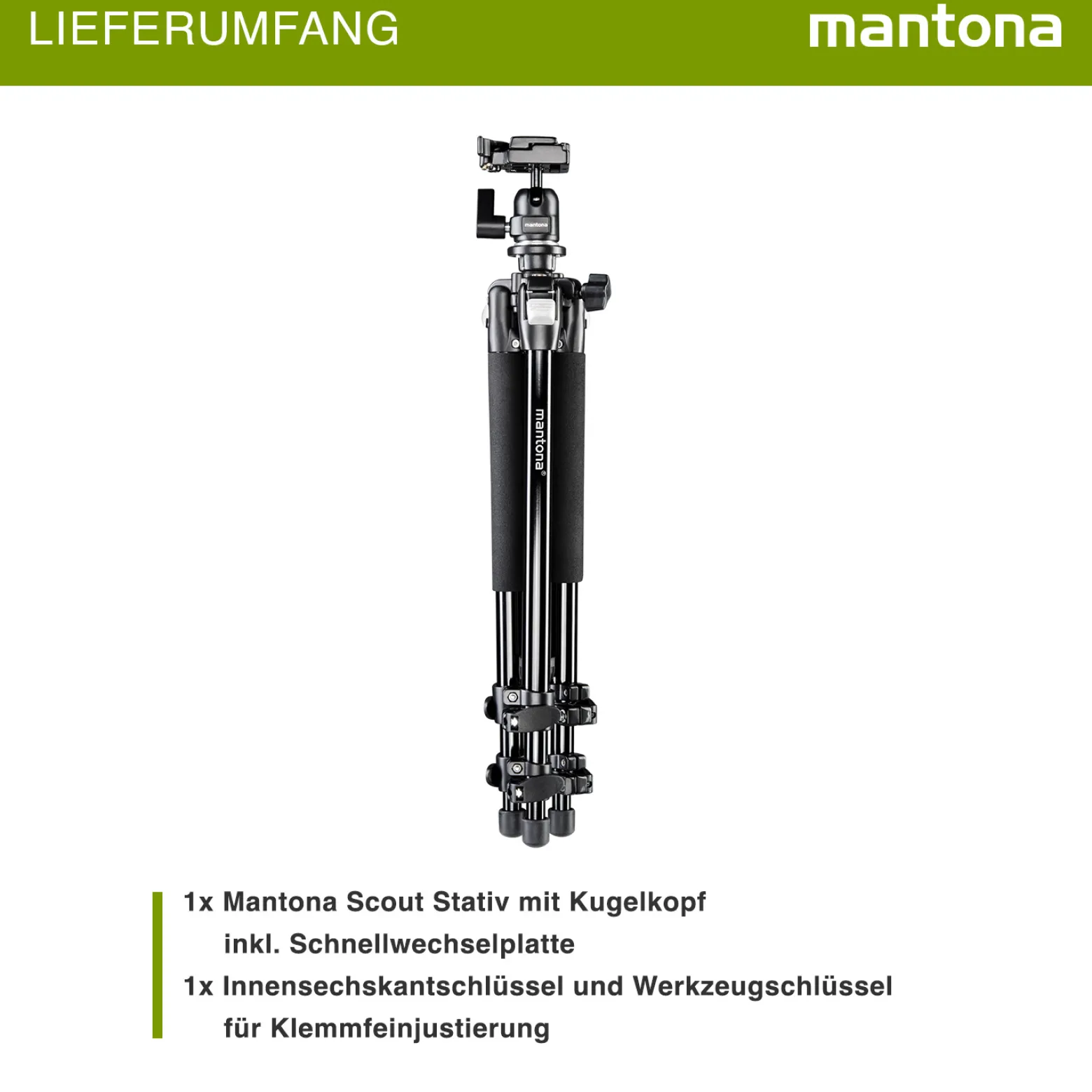 Mantona Basic Scout Stativ - 90 x 90 x 615 mm / max. Traglast 5 kg - aus Aluminium - mit Kugelkopf, Wasserwaage, umkehrbarer Mittelsäule - Reisestativ Travelstativ passend für Kameras