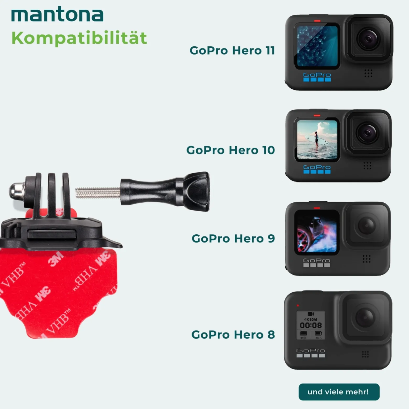 Mantona Befestigungsplatte mit 3M Klebepad - 30 x 53 x 30 mm - um 360° drehbar - kompatibel mit GoPro Hero 11 10 9 8 7 6 5 und vielen anderen Action Cams