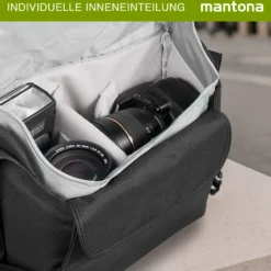 Mantona Cool Bag Kameratasche schwarz/weiß, hochwertige Fototasche mit gepolsterter Inneneinteilung & Netzfach, Kamera Umhängetasche aus wasserabweisendem Material