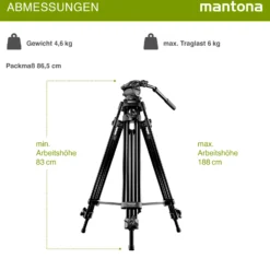 Mantona Dolomit 1300 Videostativ 188 cm (74 Zoll) mit fluidgedämpftem Neiger für DSLR/Videokamera - inkl Tasche - Tripod Kamerastativ Video Stativ mit Fluidkopf