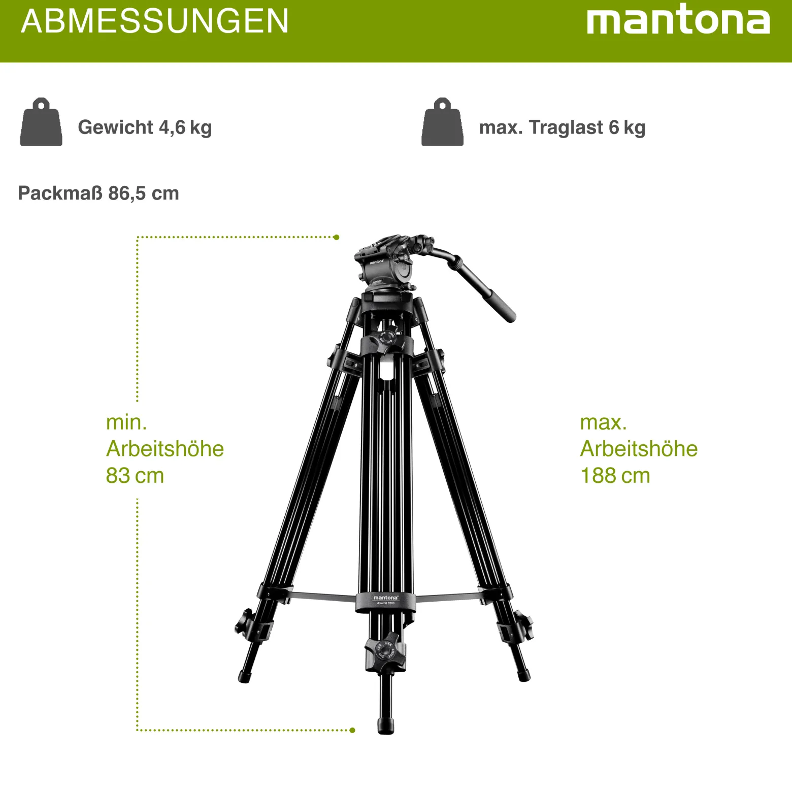 Mantona Dolomit 1300 Videostativ 188 cm (74 Zoll) mit fluidgedämpftem Neiger für DSLR/Videokamera - inkl Tasche - Tripod Kamerastativ Video Stativ mit Fluidkopf