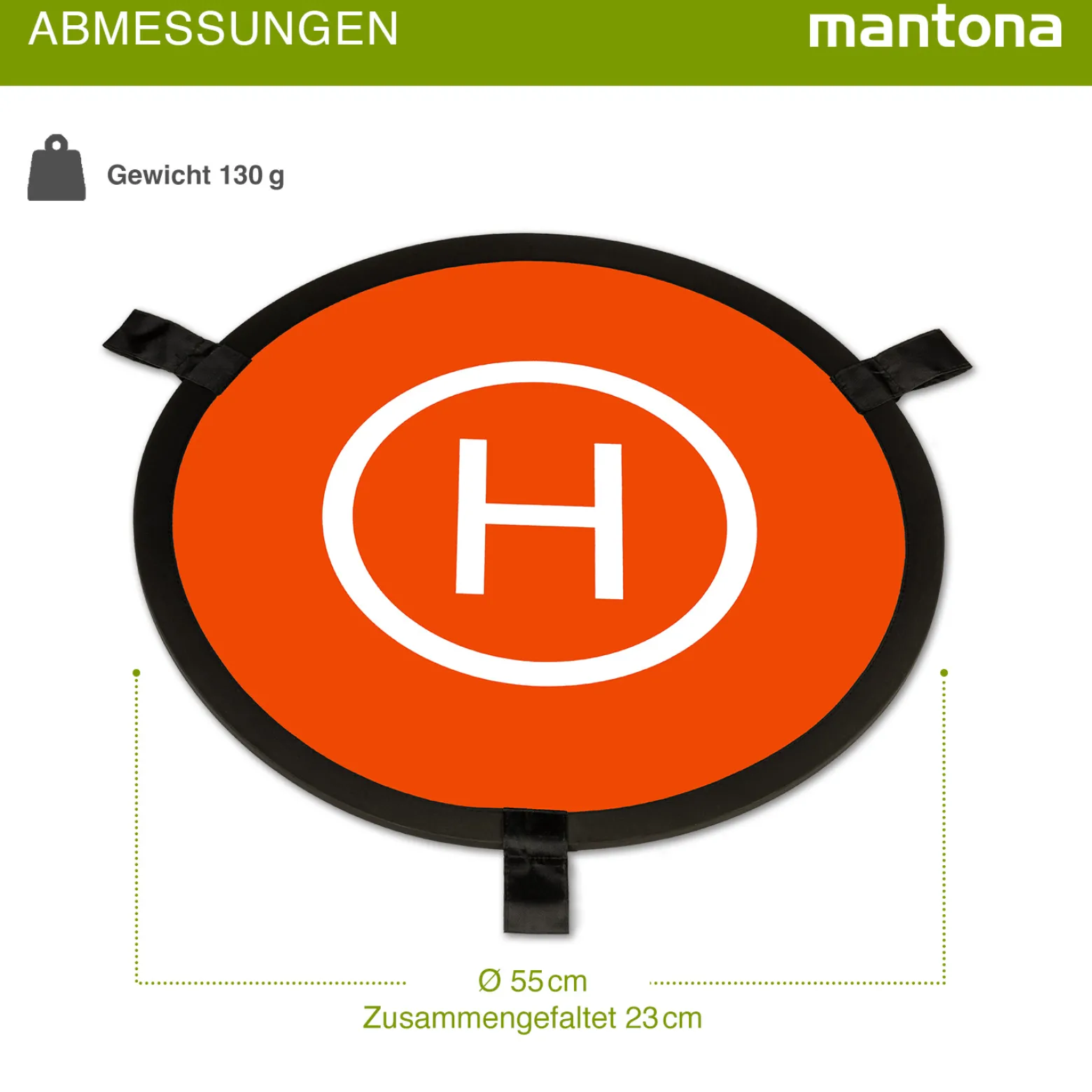 Mantona Drohnen-Landeplatz faltbar Ø 55 cm wetterfest mit Metallheringen kompakt auf 23 cm faltbar mit Transporttasche und beidseitiger H-Markierung