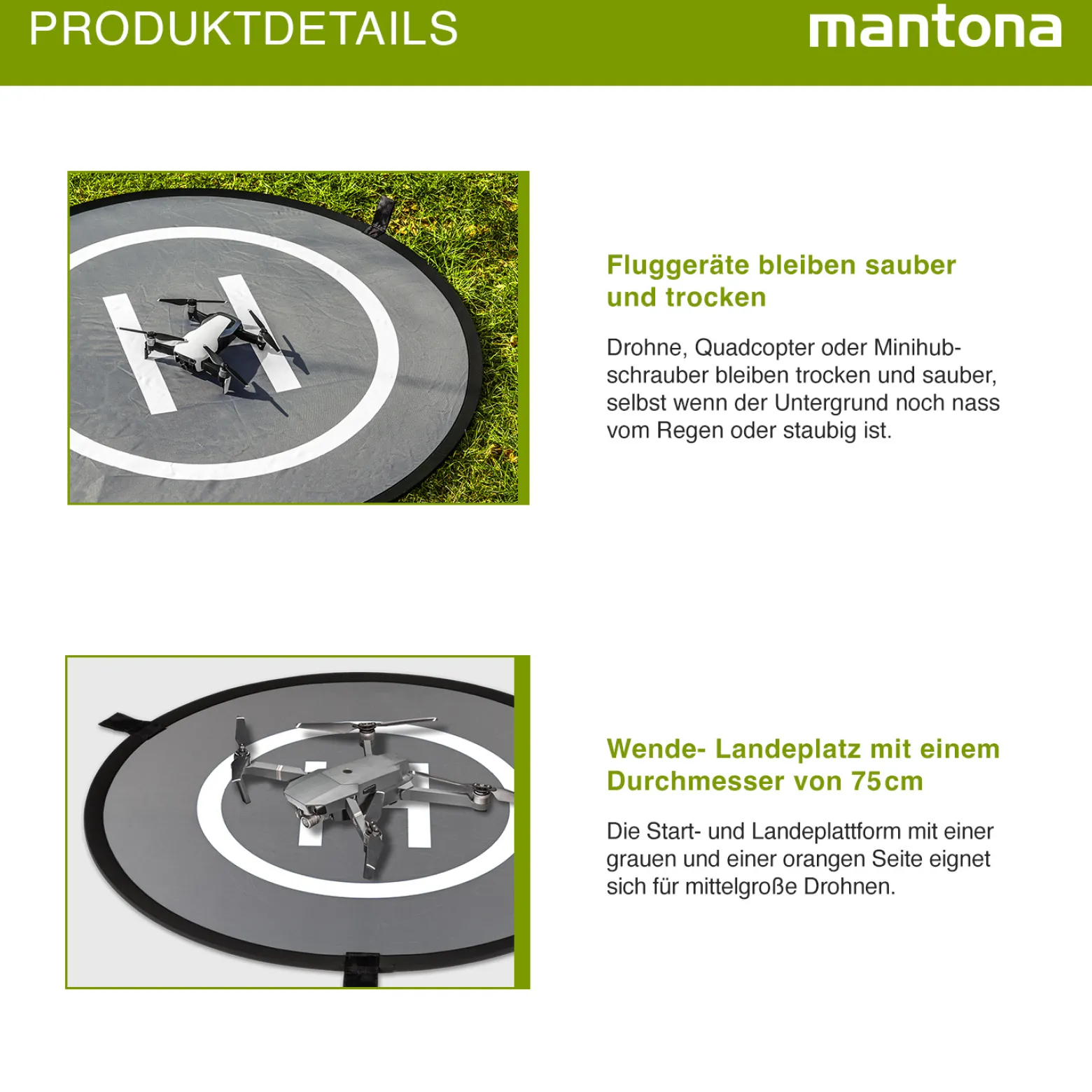 Mantona Drohnen-Landeplatz faltbar Ø 75 cm wetterfest mit Metallheringen kompakt auf 29 cm faltbar mit Transporttasche und beidseitiger H-Markierung