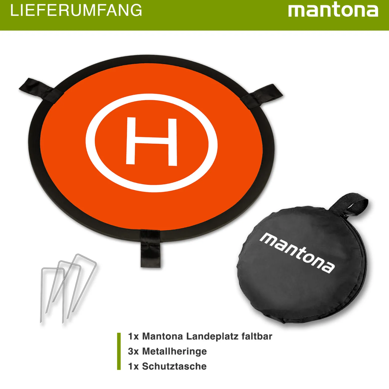 Mantona Drohnen-Landeplatz faltbar Ø 75 cm wetterfest mit Metallheringen kompakt auf 29 cm faltbar mit Transporttasche und beidseitiger H-Markierung