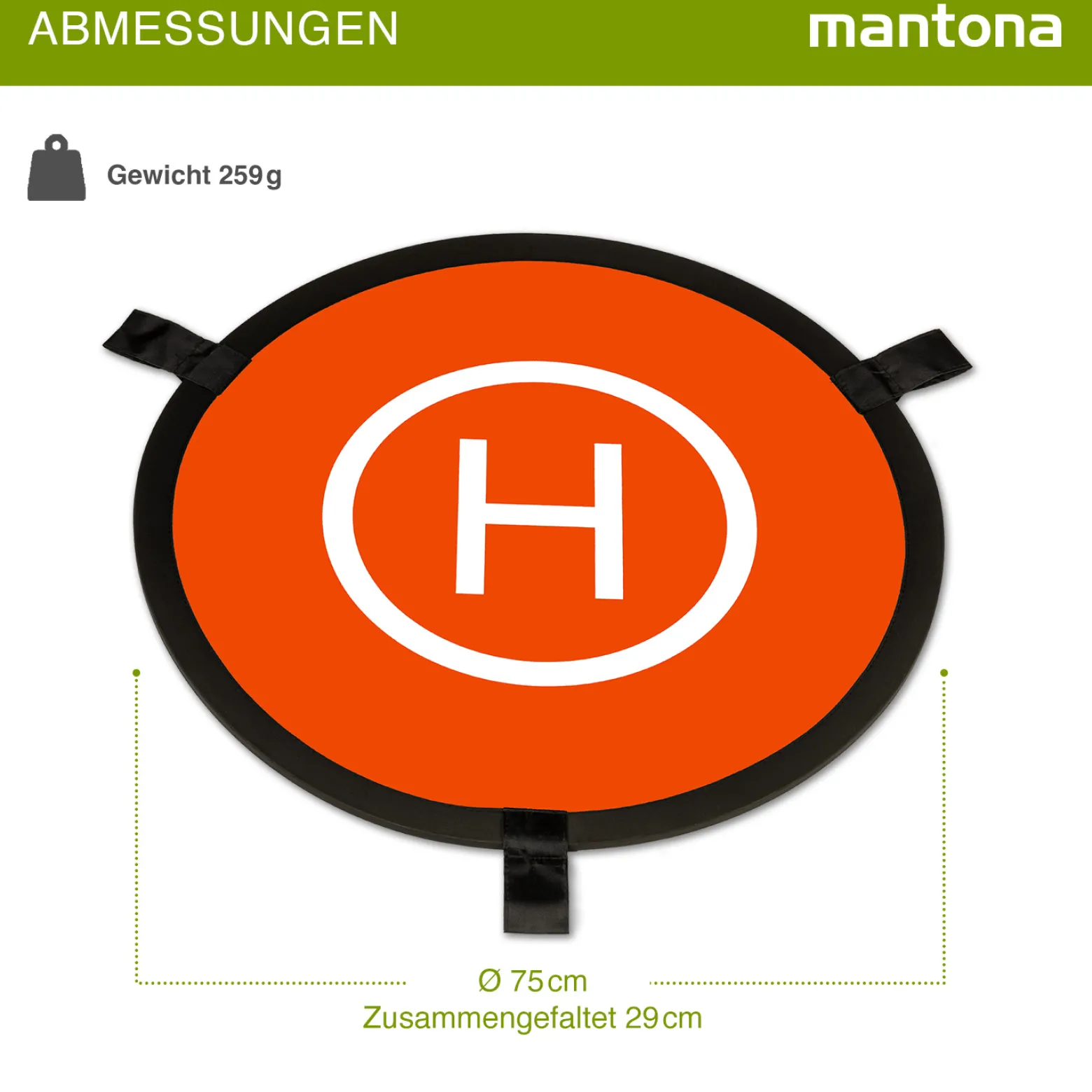 Mantona Drohnen-Landeplatz faltbar Ø 75 cm wetterfest mit Metallheringen kompakt auf 29 cm faltbar mit Transporttasche und beidseitiger H-Markierung