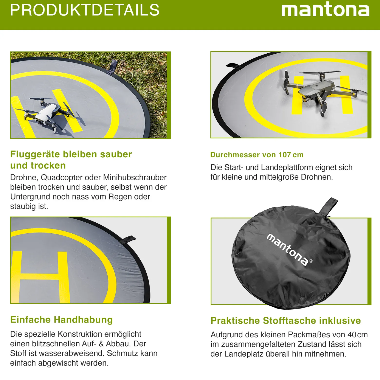 Mantona Drohnen-Landeplatz faltbar inkl. Transporttasche, 107 cm Durchmesser, ideal für ferngesteuerte Drohne, Quadcopter, Mini-Helikopter