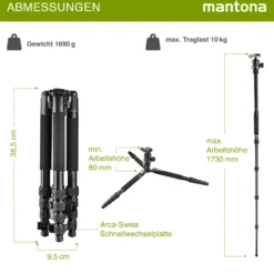 Mantona DSLM Travel Evolution Max 2552-RA Reisestativ 173 cm 10 kg Traglast mit Kugelkopf Arca-Swiss Einbeinfunktion