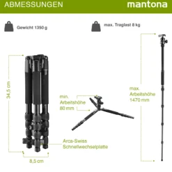 Mantona DSLM Travel Evolution 2252-RA Reisestativ, Kamerastativ bis 147 cm, belastbar bis 8 kg, Dreibein- und Einbeinstativ, Stativ mit Kugelkopf und Schnellwechselplatte