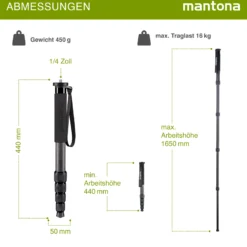 Mantona Einbeinstativ Pro ONE 165C aus ultraleichtem Carbon schwarz, Stativ höhenverstellbar 44-165 cm, praktische Schaumstoffummantelung & Handschlaufe, kompakt & belastbar mit Zubehör