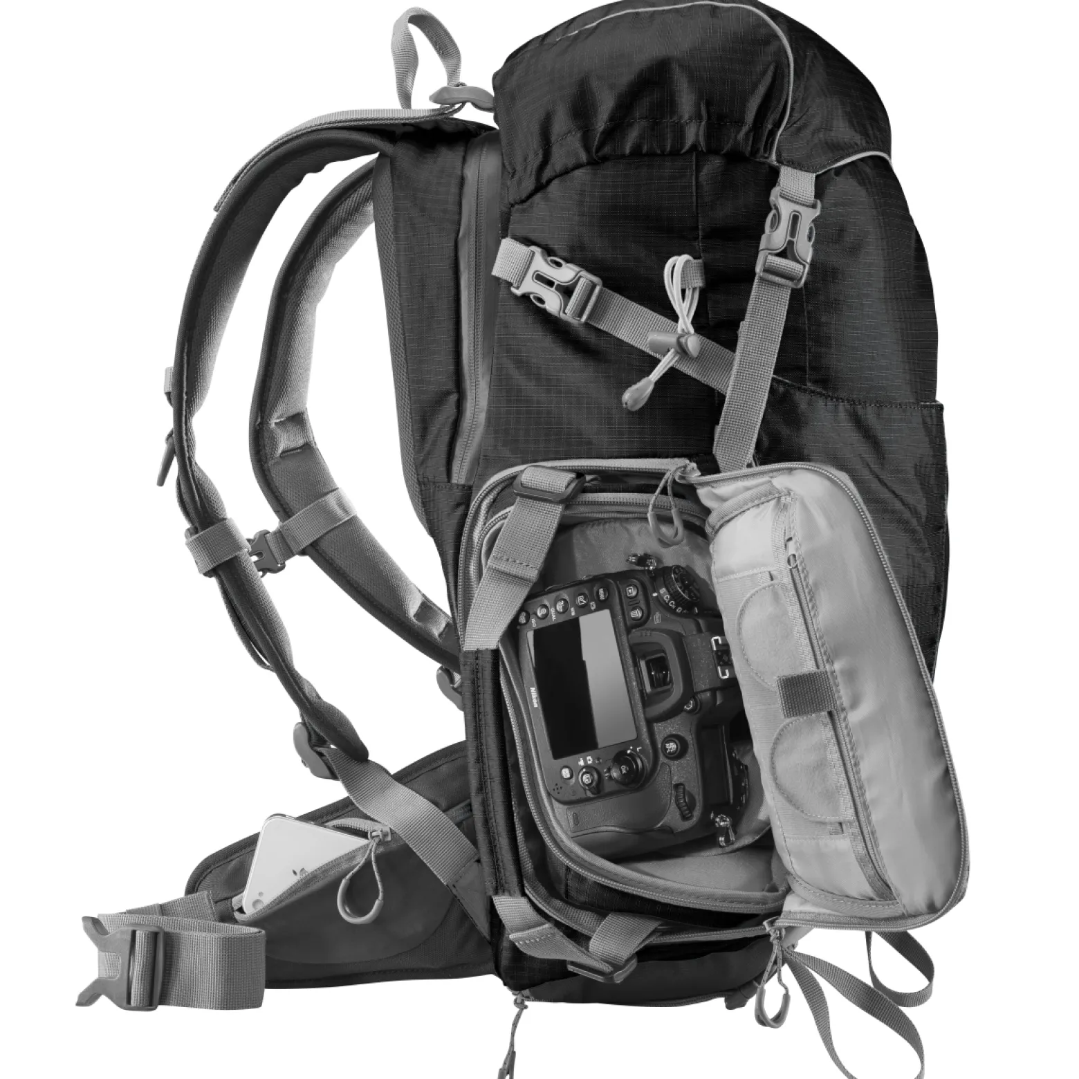 Mantona Elements Outdoor Rucksack schwarz - 2in1 Kamera- & Trekking-Rucksack, Fototasche mit gepolsterten Fächern für DSLR, Systemkamera & Drohne, Stativhalterung, inkl. Regenschutzhülle