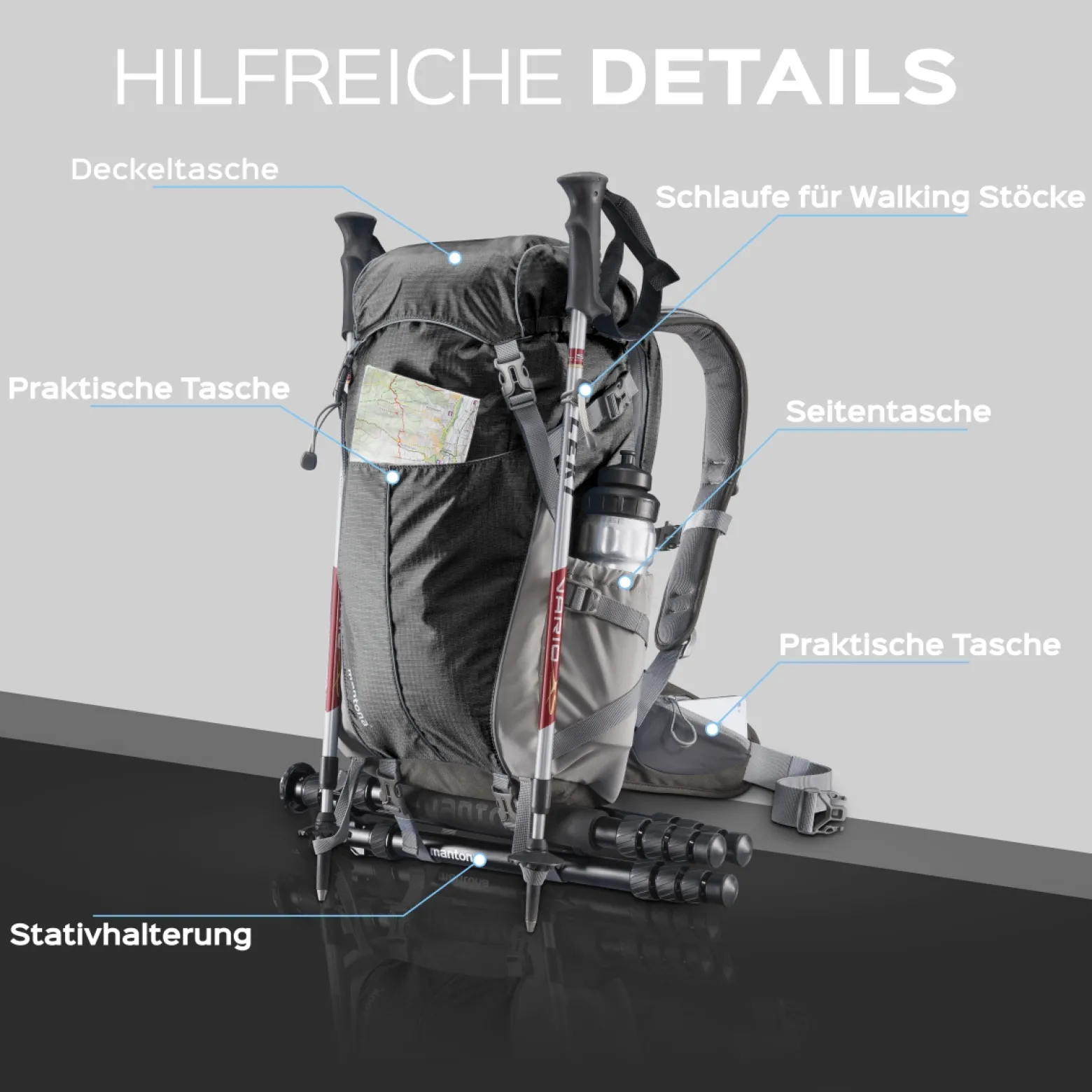 Mantona Elements Outdoor Rucksack schwarz - 2in1 Kamera- & Trekking-Rucksack, Fototasche mit gepolsterten Fächern für DSLR, Systemkamera & Drohne, Stativhalterung, inkl. Regenschutzhülle