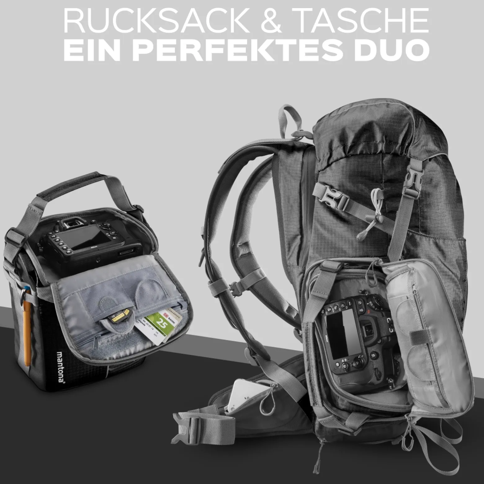 Mantona Elements Outdoor Rucksack schwarz - 2in1 Kamera- & Trekking-Rucksack, Fototasche mit gepolsterten Fächern für DSLR, Systemkamera & Drohne, Stativhalterung, inkl. Regenschutzhülle